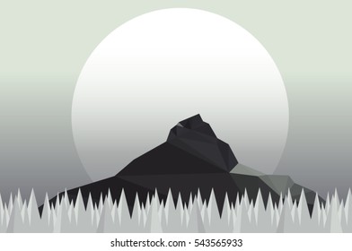 Stylized winter landscape vector. Creative low poly scenery with mountain, minimal pine tree forest covered in snow and sun setting in the background