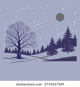 Paisaje nocturno de invierno estilizado con la luna y las estrellas fugaces