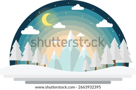Stylized winter night landscape vector art serene mountains and snowy forest trees under a dreamy moonlit sky with stars and clouds a tranquil seasonal scene for nature background design