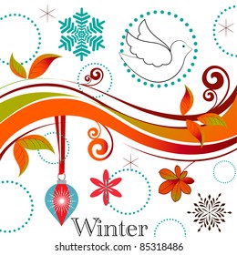 Stylized winter season with bird, snowflakes and bauble