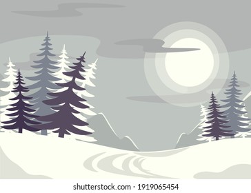 Stylized winter sunny forest with little mountanes on background. Nature, winter landscape, sunny day. vector illustration.