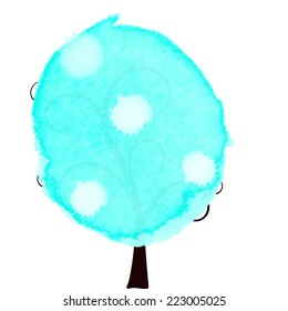 Stylized winter tree blue watercolor
