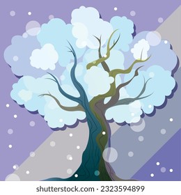 Stylized winter tree with crooked twisted branches. A tree with abstract snow on the background. Flat vector illustration