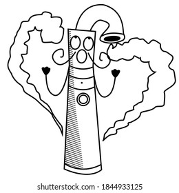 Stylized Wipe With A Mustache On A White Background, A Cloud Of Steam In The Shape Of A Heart. Love Electronic Cigarette For Valentine's Day. Stock Linear Illustration For The Design Of Stickers.