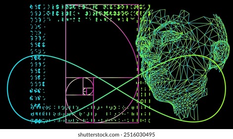 Cara humana estilizada, con un esquema de color verde, azul y amarillo con una cuadrícula de líneas de colores detrás de la cabeza y una espiral dorada que emerge de la parte inferior.