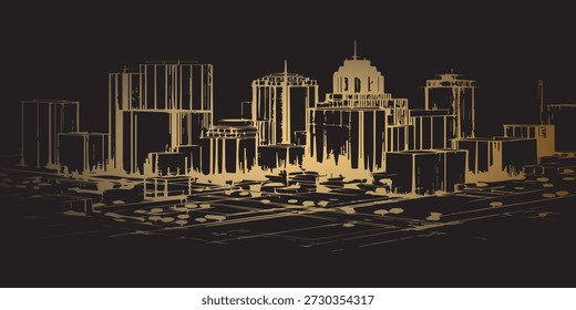 A stylized wireframe illustration of a city skyline featuring a prominent dome building and various skyscrapers, illuminated against a dark background.