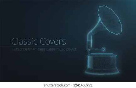 Stylized wireframe neon light gramophone. Glowing effect. Plexus polygons, Landing page or banner template