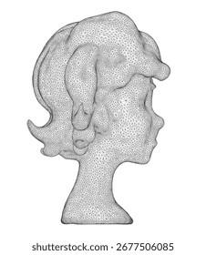 Stylized wireframe of a woman's head, composed of intricate lines and geometric shapes against a clean white background.