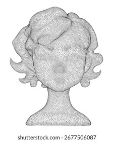 Stylized wireframe of a woman's head with curly hair, rendered as a 3D mesh structure.