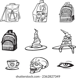 Stylized Witch Hat Set Line Clip Art Design Linear Halloween Witchcraft Magic Elements icons. Doodle  elements Vector hand-drawn illustration for holiday designs, decorations. Cartoon line drawing