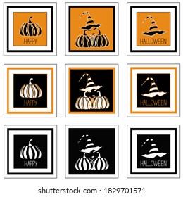 Stylized witch pumpkin and witch hat in the frame on a black and yellow background. Set of three Halloween style triptych for signboard postcard poster.