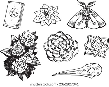 Stylized Witch Set Line Clip Art Design Linear Halloween Witchcraft Magic Elements icons. Doodle  elements Vector hand-drawn illustration for holiday designs, decorations. Cartoon line drawing stuff
