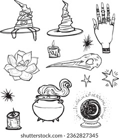 Stylized Witch Set Line Clip Art Design Linear Halloween Witchcraft Magic Elements icons. Doodle  elements Vector hand-drawn illustration for holiday designs, decorations. Cartoon line drawing stuff