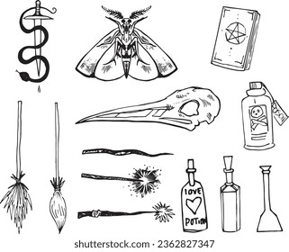 Stylized Witch Set Line Clip Art Design Linear Halloween Witchcraft Magic Elements icons. Doodle  elements Vector hand-drawn illustration for holiday designs, decorations. Cartoon line drawing stuff