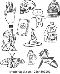 Stylized Witch Set Line Clip Art Design Linear Halloween Witchcraft Magic Elements icons. Doodle  elements Vector hand-drawn illustration for holiday designs, decorations. Cartoon line drawing stuff