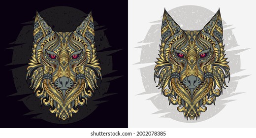 Stylized wolf in ethnic vector black and white background