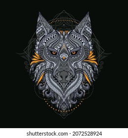 Stylized wolf in ethnic vector dark background with orange color