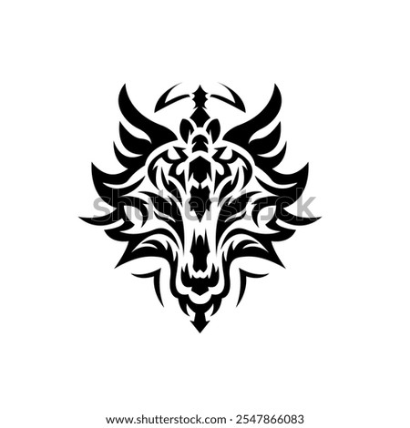 A stylized wolf head in a black and white tribal design, perfect for tattoos or logos.