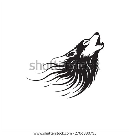 Stylized wolf head howling with flowing fur. Symbolizes wilderness, loyalty, and freedom. Wild animal spirit for various design concepts.