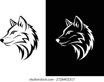 Logotipo estilizado de la cabeza del lobo en perfil sobre fondos divididos. El diseño presenta líneas limpias y un contraste audaz, adecuado para el branding y el arte digital.