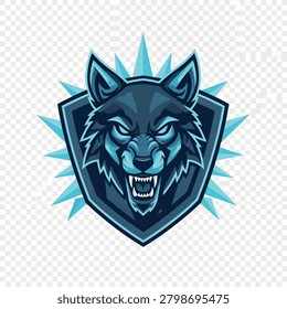 A stylized wolf head with sharp teeth and glowing blue eyes, set against a shield with blue spikes.