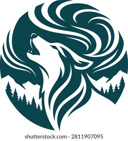 Stylized wolf howling against a mountainous backdrop with swirling clouds above
