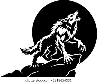 Stylized wolf howling at a full moon, perched on rocks. Tribal tattoo art style. Represents wild nature, power, and mystery. A classic nocturnal animal.