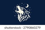 Stylized wolf howling at night with stars and crescent moon