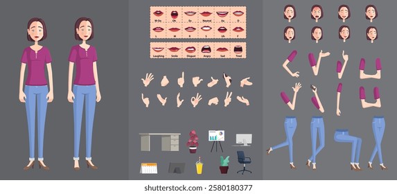 Stylized Woman Character Creation Set, Cartoon woman with Movable Joints for easy rigging and Animation, Lip-sync, Hand Gestures, Emotions and Poses, Premium Vector