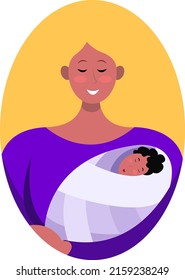 Stylized woman in an ellipse with a baby in her arms. Blonde with a baby. Happy motherhood. Mother's Day element