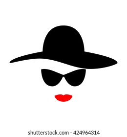 Stylized woman face from design elements - hat, sunglasses and lips. Simple and stylish abstract female face. Vector illustration.