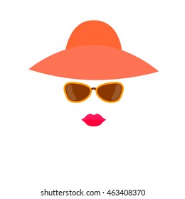 Stylized woman face from design elements - hat, sunglasses and lips. Simple and stylish abstract female face.