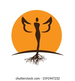 stylized woman figure with wings and tree roots in front of orange sun