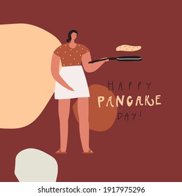 Mujer estilizada con sartén y panqueque frito. Feliz día del panqueque. Plantilla de vectores para diseño de página de afiches de pegatinas de postales