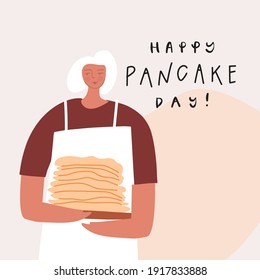 Stylized woman with pancakes stack.  Happy pancake day. Vector template for postcard sticker print poster