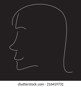 Stylized woman profile with snub nose isolated on black background like chalkboard