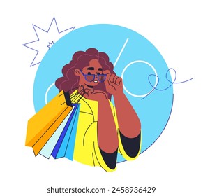 Mujer estilizada con gafas, bolsa de compras, Ilustración vectorial sobre un fondo abstracto azul claro, concepto de compras