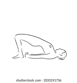 Stylized woman in yoga bridge pose, setu bandha sarvangasana. Vector line art style illustration. Vector asana for vishuddha chakra, design elements for yoga and meditation school