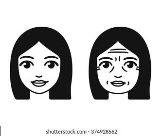 Stylized womans face at different stages of life, young and old. Vector illustration.