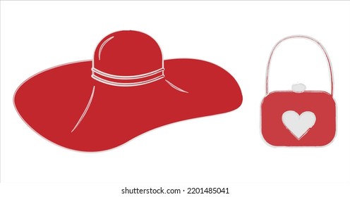 Stylized women Wide-brimmed hat and handbag with painted heart in trendy red hues. Isolate. Sticker