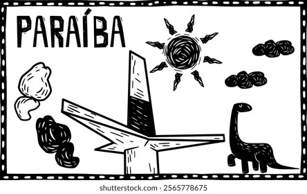 Stylized woodcut illustration representing Paraíba, Brazil. Features cultural and natural elements like the sun, clouds, cashew fruits, a dinosaur, and a monument in rustic, woodcut style.