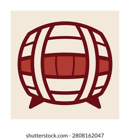 Stylized wooden barrel with dark red outline and cream fill on a light beige background, for beverage branding