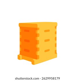 A stylized wooden beehive box in warm yellow and orange tones is shown in a clean and simple design. This illustration is ideal for topics related to beekeeping, farming, or honey production.