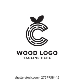 Stylized wooden logo design with tree rings and leaves in modern minimalist style
