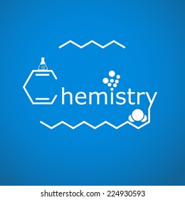 Stylized word chemistry on gradient blue background, 2d illustration, vector, eps 8