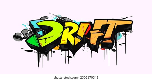 Stilwort "Drift", helle Graffiti, im Comicstil, mit fett gestrichenen Linien, schwarz-weiß, Vektorgrafik