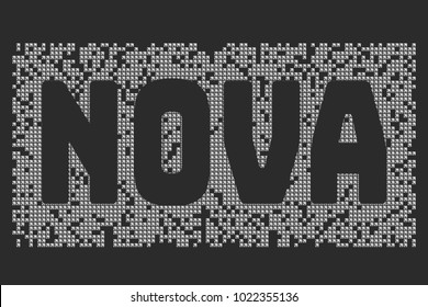 Stylized word Nova on a dark blue background. Rhinestone applique print for textile clothes in fashion luxury design. Slogan graphic for t-shirts with metal studs in vector.