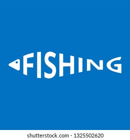 Stylized word in shape of fish isolated on blue. Fishing logo. Web icon, symbol, sign. Vector Illustration, EPS10