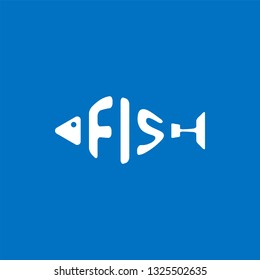 Stylized word in shape of fish isolated on blue. Seafood restraurant logo. Web icon, symbol, sign. Vector Illustration, EPS10