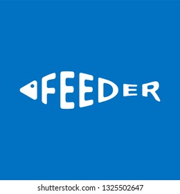 Stylized word in shape of fish isolated on blue. Feeder fishing logo. Web icon, symbol. Vector Illustration, EPS10
